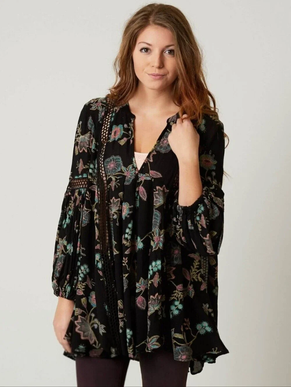 Free People Just The Two Of Us Top Tunic Dress Black Floral Botanical Women XS